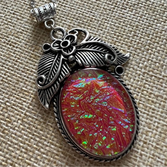 New Pink Triplet Opal Dichroic Acrylic Silver Overlay Pendant - Picture 5 of 5
